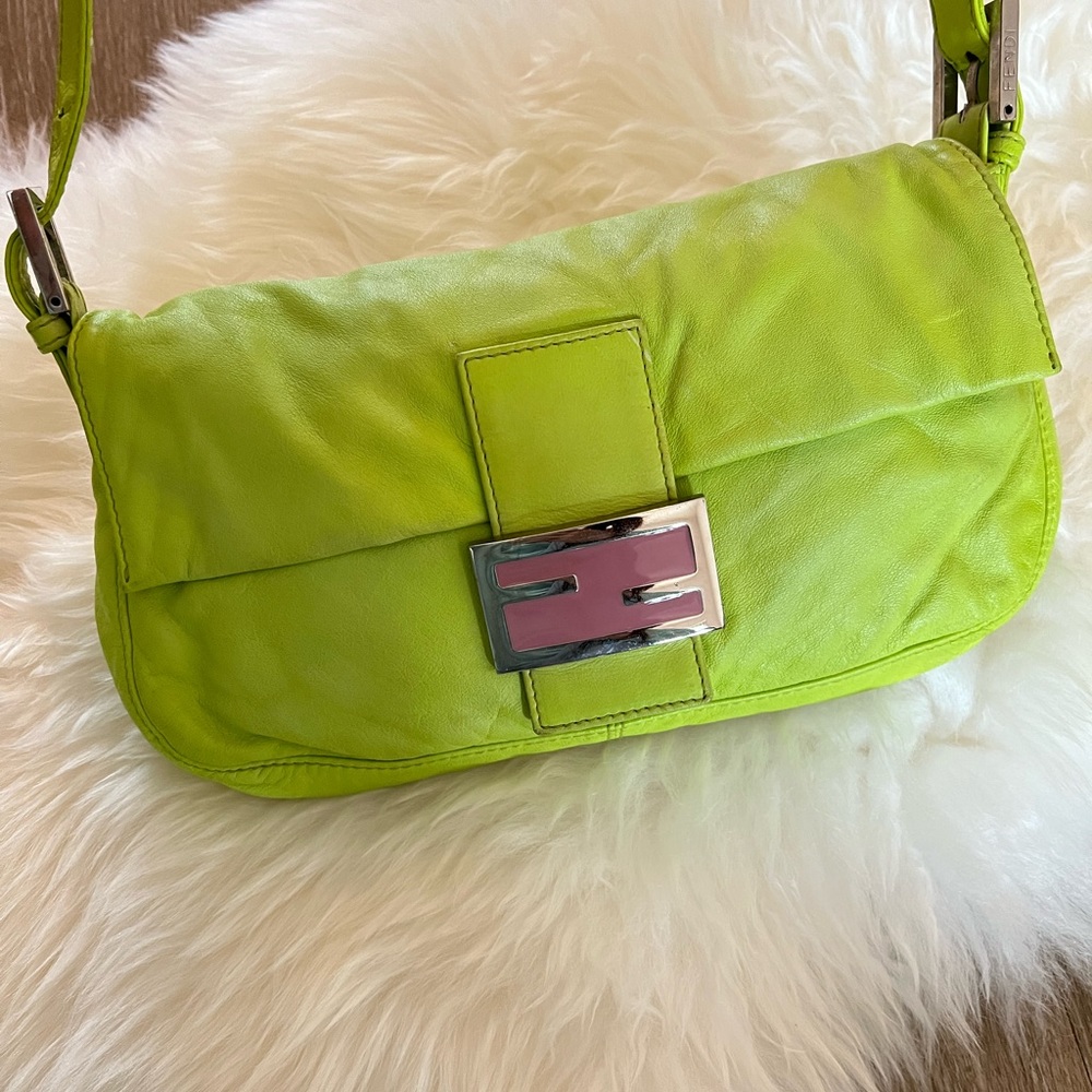 Vintage Fendi Lime Green and Pink Leather Baguette